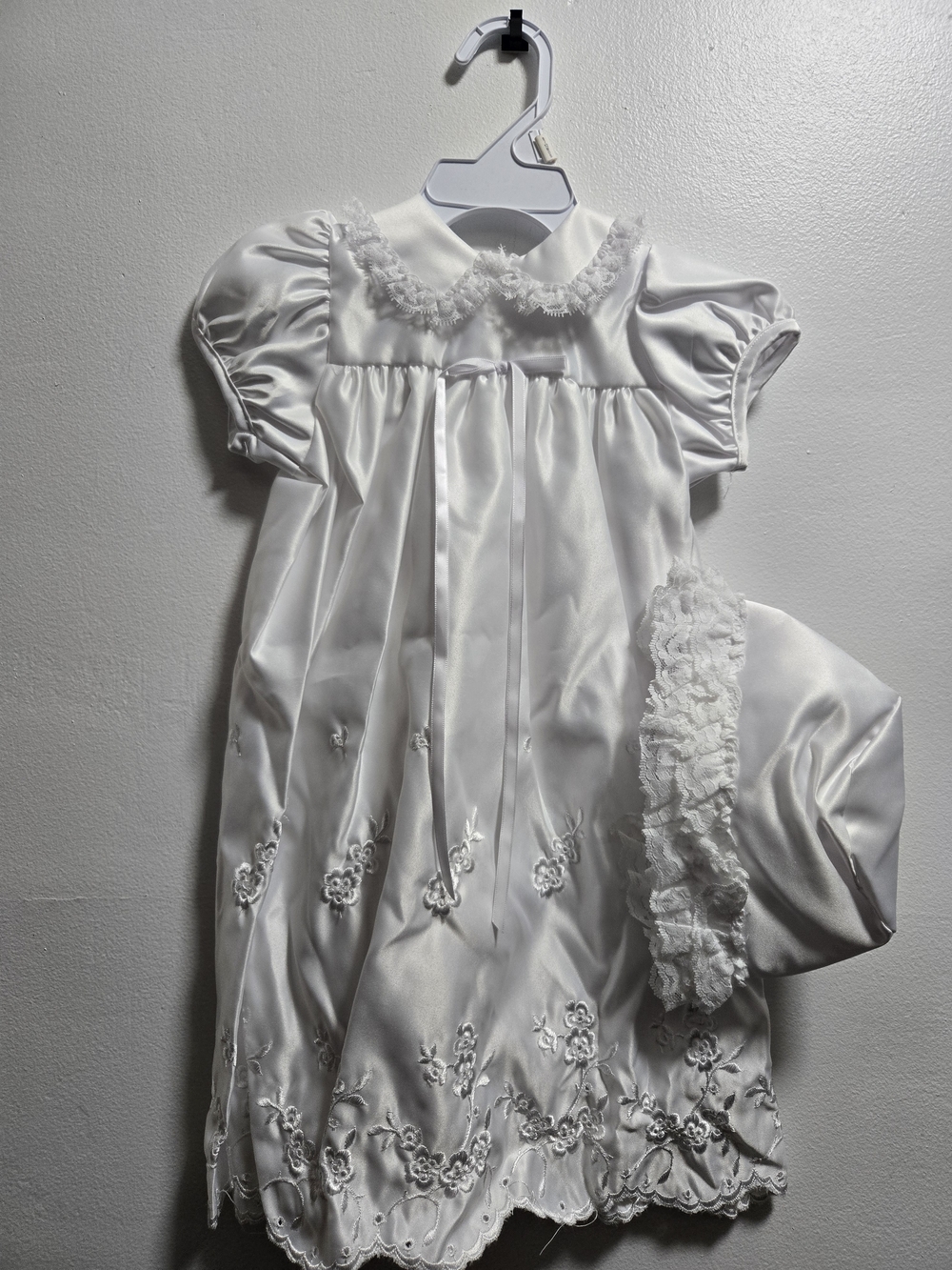 Vintage White satin baby christening gown and bonnet set